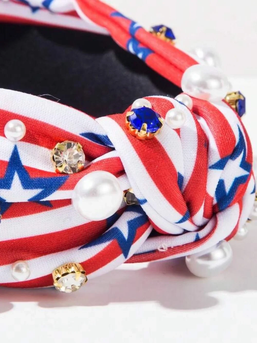 Patriotic Red White Blue‎ Knotted Headband with Pearls & Gems